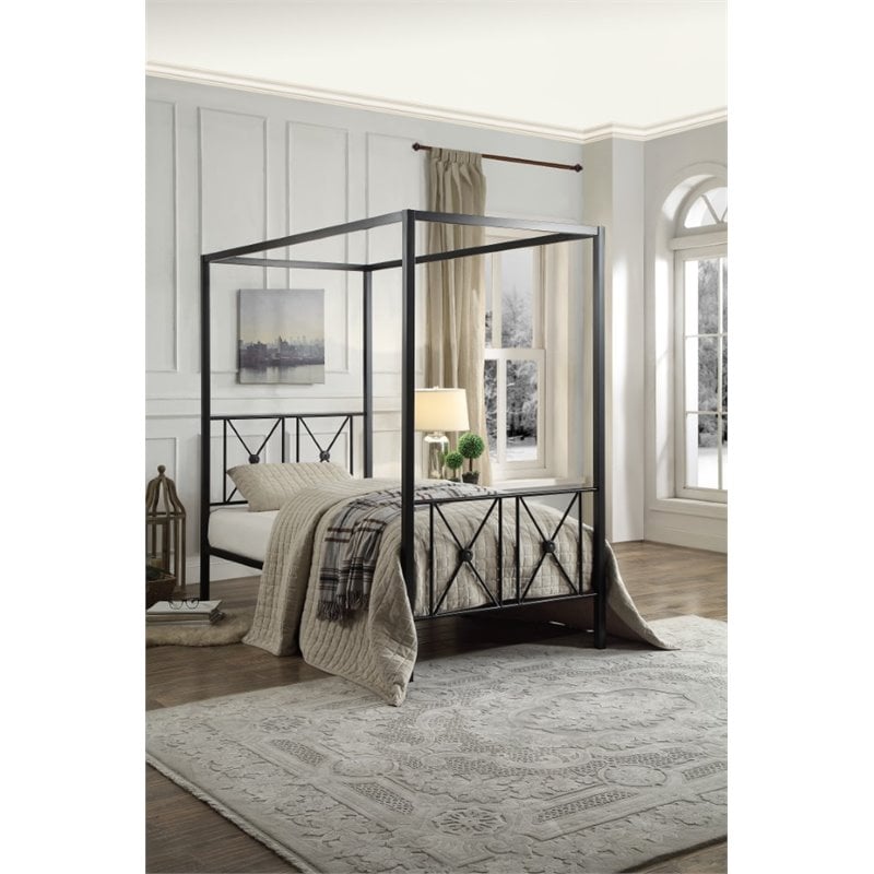 Pemberly Row Transitional Metal Twin Size Canopy Platform Bed in Black