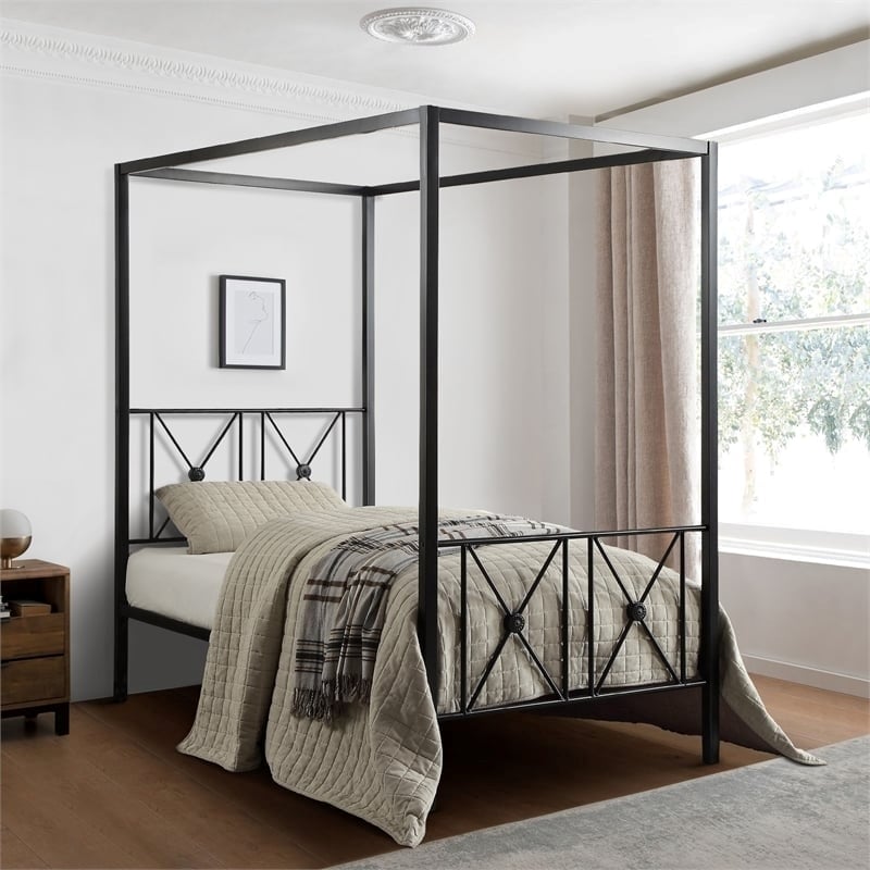 Pemberly Row Transitional Metal Twin Size Canopy Platform Bed in Black
