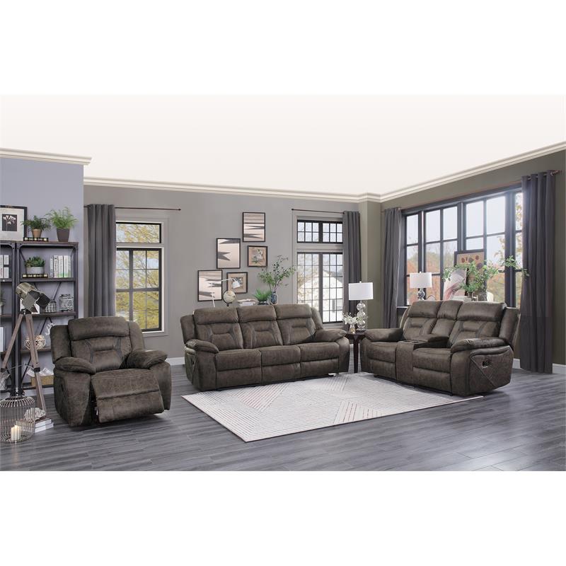 Pemberly Row Traditional Microfiber Double Reclining Sofa in Dark Brown