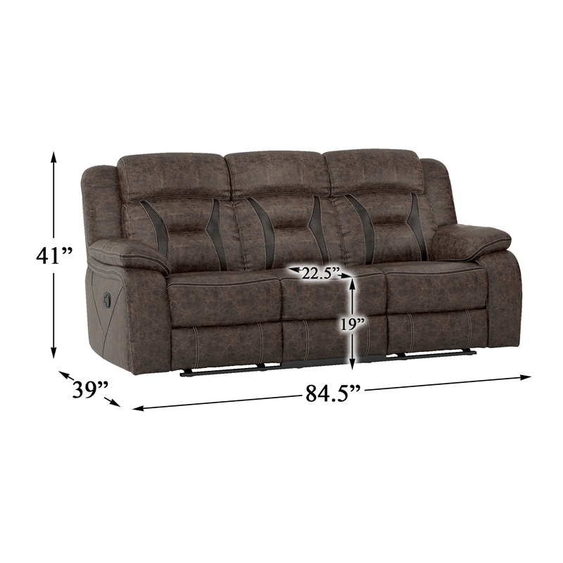 Pemberly Row Traditional Microfiber Double Reclining Sofa in Dark Brown