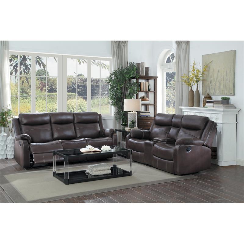 Pemberly Row Double Reclining Sofa with Drop-Down Cup Holders in Dark Brown