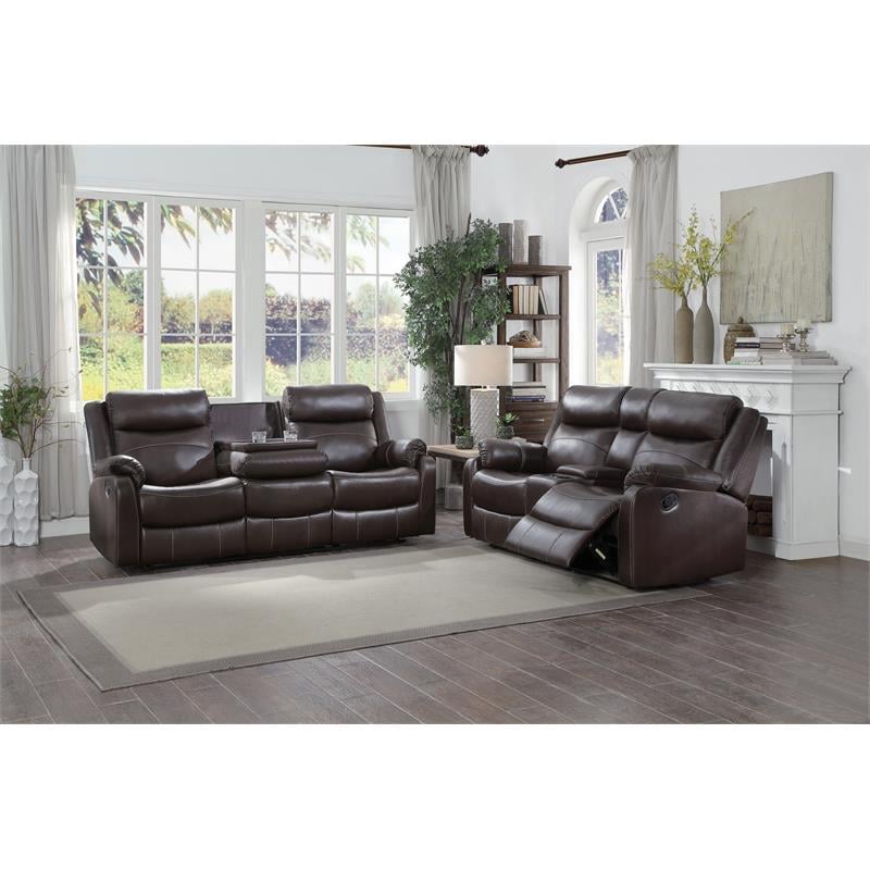 Pemberly Row Double Reclining Sofa with Drop-Down Cup Holders in Dark Brown