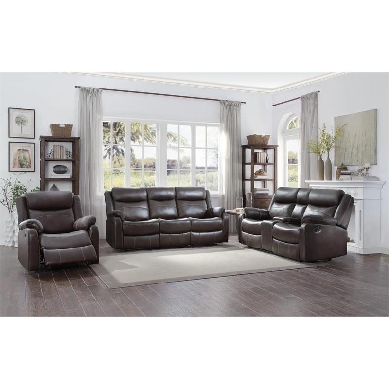 Pemberly Row Double Reclining Sofa with Drop-Down Cup Holders in Dark Brown