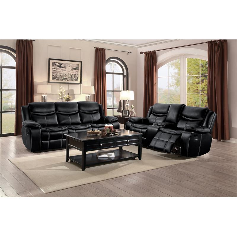 Pemberly Row Faux Leather Gel Double Glider Reclining Sofa in Black