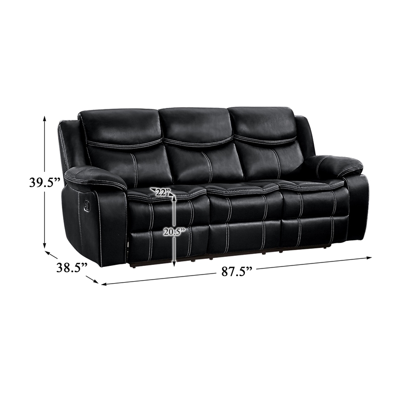 Pemberly Row Faux Leather Gel Double Glider Reclining Sofa in Black