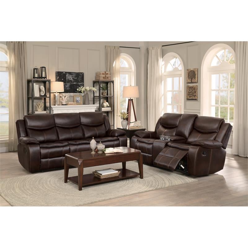 Pemberly Row Faux Leather Gel Double Reclining Sofa in Brown