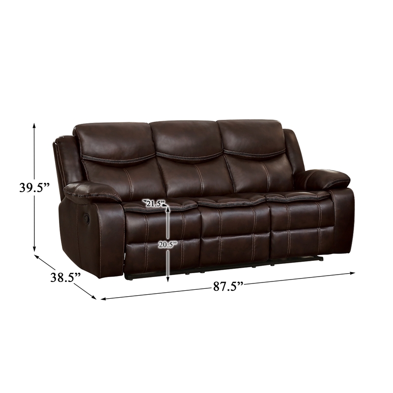 Pemberly Row Faux Leather Gel Double Reclining Sofa in Brown