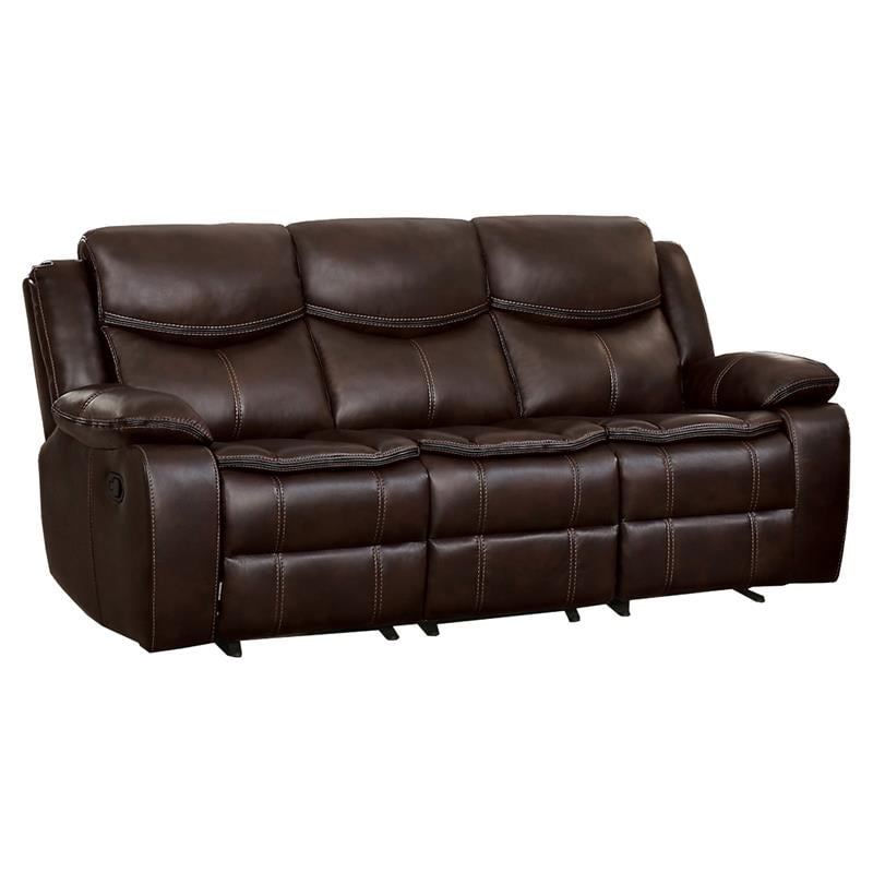 Pemberly Row Faux Leather Gel Double Reclining Sofa in Brown