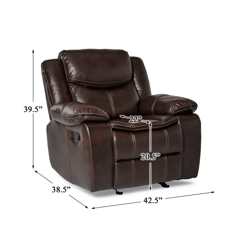 Pemberly Row Traditional Faux Leather Gel Glider Reclining Chair in Brown