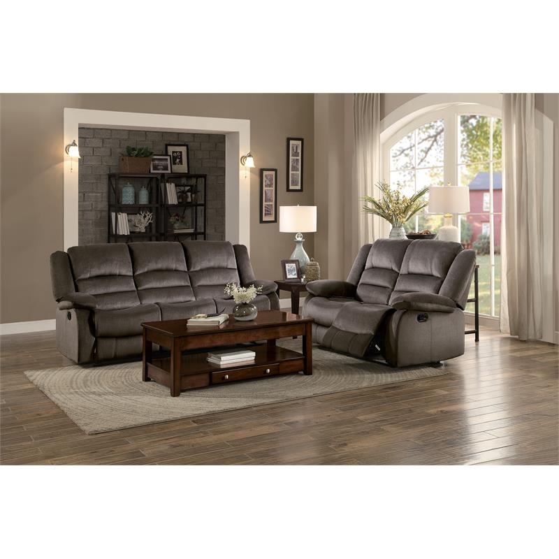 Pemberly Row Transitional Microfiber Double Reclining Loveseat in Chocolate