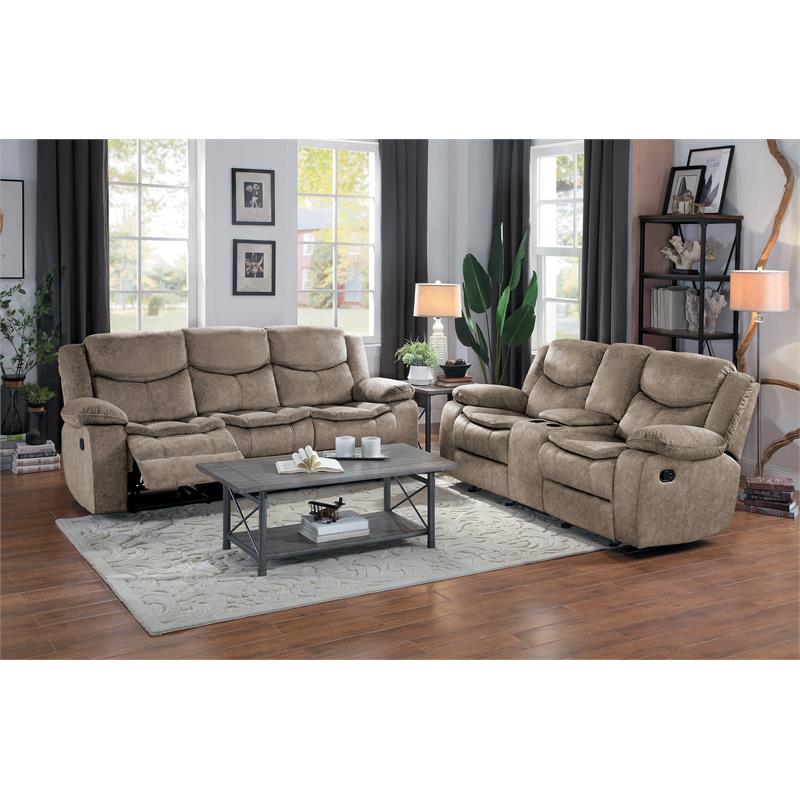 Pemberly Row Transitional Microfiber Double Glider Reclining Loveseat in Brown