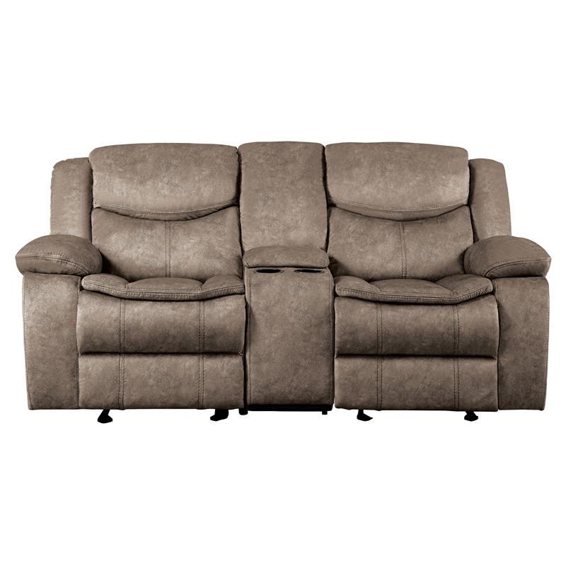 Pemberly Row Transitional Microfiber Double Glider Reclining Loveseat in Brown