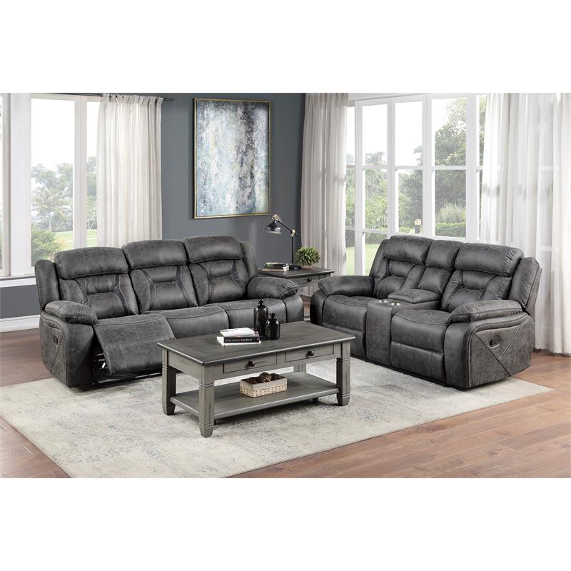 Pemberly Row Microfiber Double Reclining Love Seat in Gray