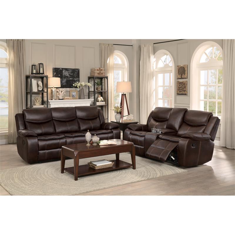 Pemberly Row Double Glider Reclining Loveseat with Console in Brown