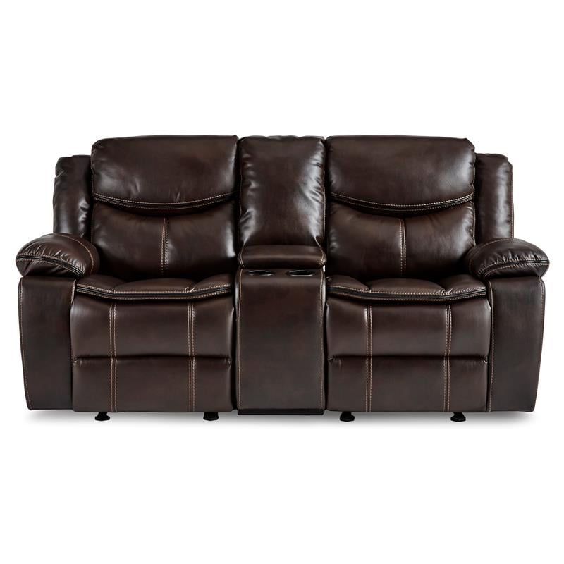 Pemberly Row Double Glider Reclining Loveseat with Console in Brown