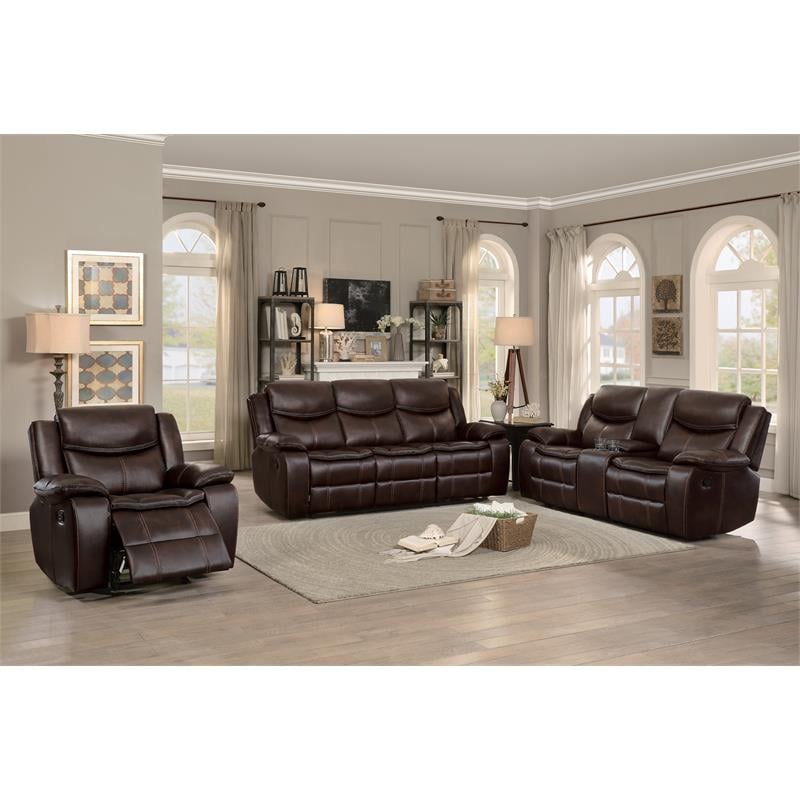 Pemberly Row Double Glider Reclining Loveseat with Console in Brown