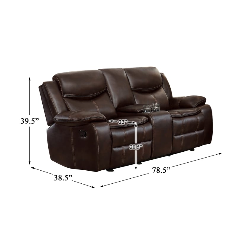 Pemberly Row Double Glider Reclining Loveseat with Console in Brown