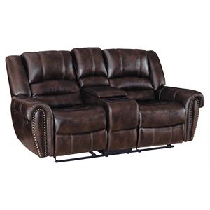 pemberly row double glider reclining love seat with console in dark brown
