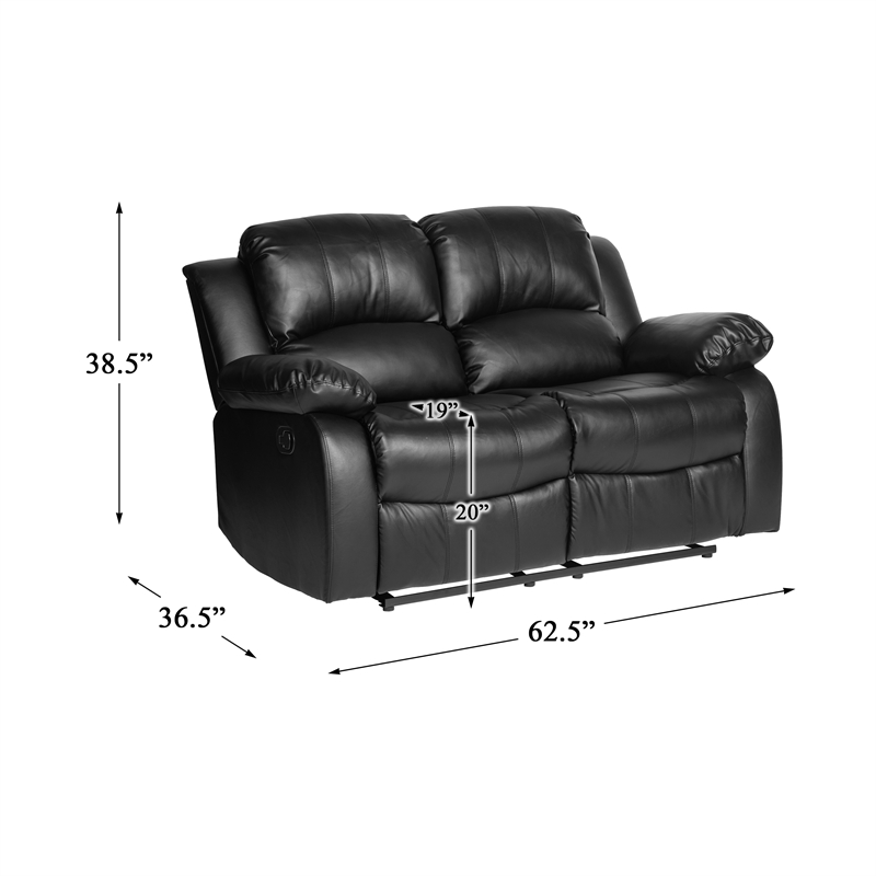Pemberly Row Traditional Faux Leather Double Reclining Loveseat in Black
