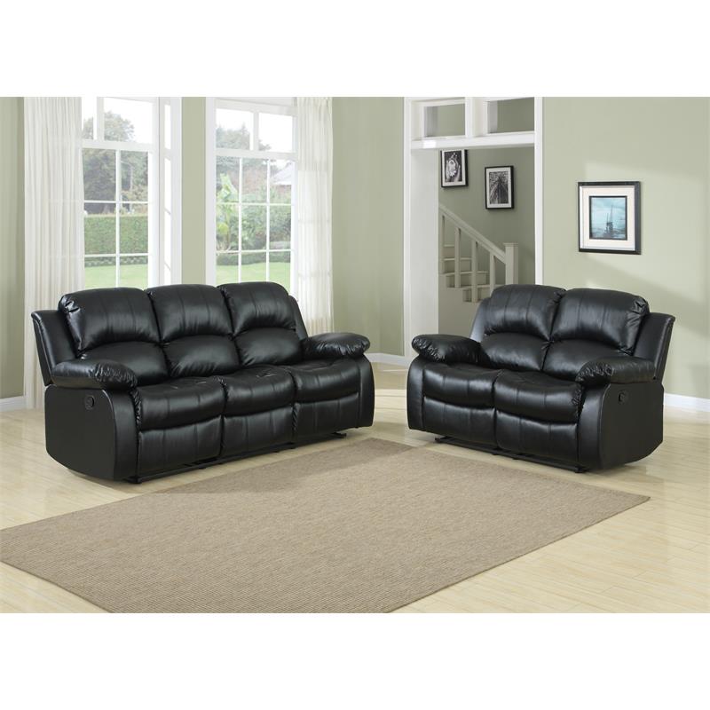 Pemberly Row Traditional Faux Leather Double Reclining Sofa in Black