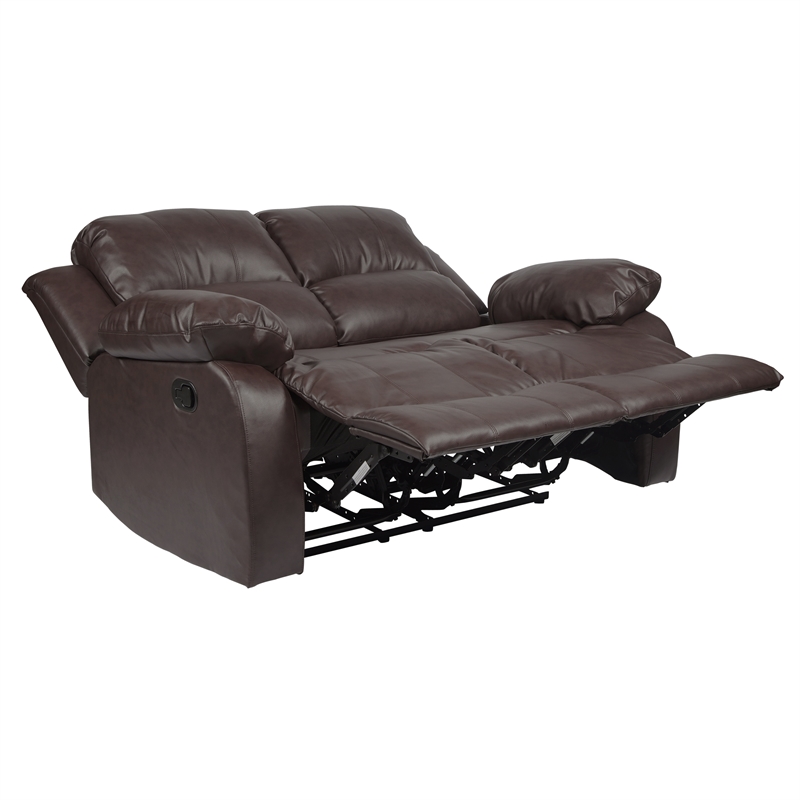 Pemberly Row Traditional Faux Leather Double Reclining Loveseat in Brown