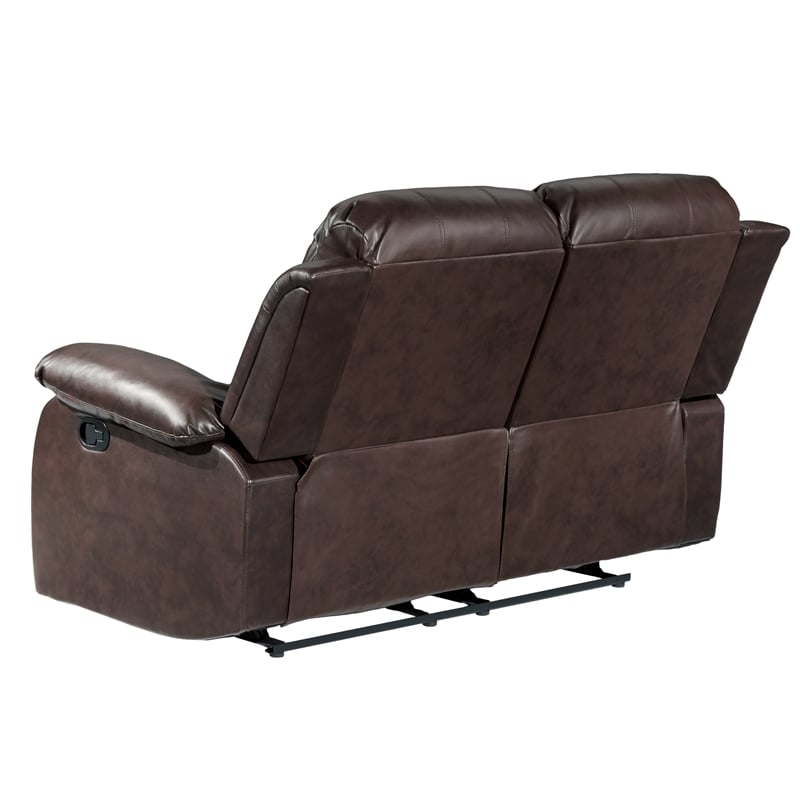 Pemberly Row Traditional Faux Leather Double Reclining Loveseat in Brown