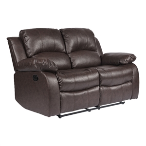 Pemberly Row Traditional Faux Leather Double Reclining Loveseat in Brown