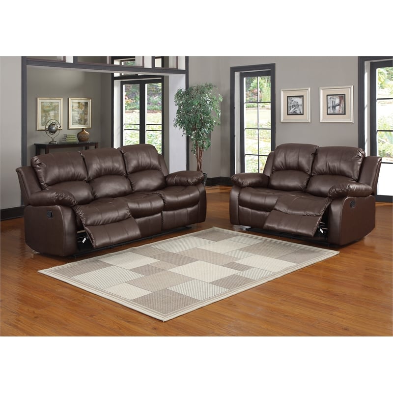 Pemberly Row Traditional Faux Leather Double Reclining Loveseat in Brown