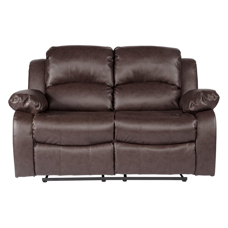 Pemberly Row Traditional Faux Leather Double Reclining Loveseat in Brown