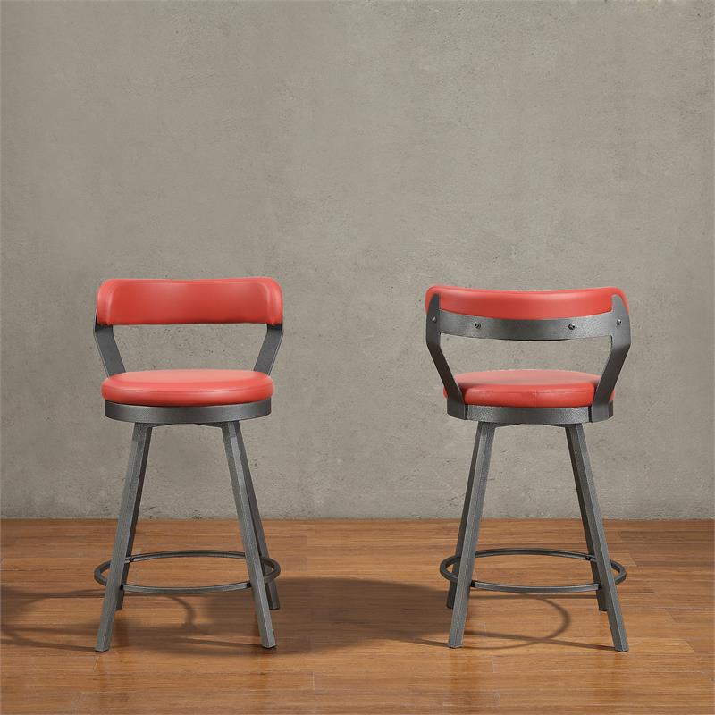 Pemberly Row Metal Swivel Counter Height Chair in Red (Set of 2)