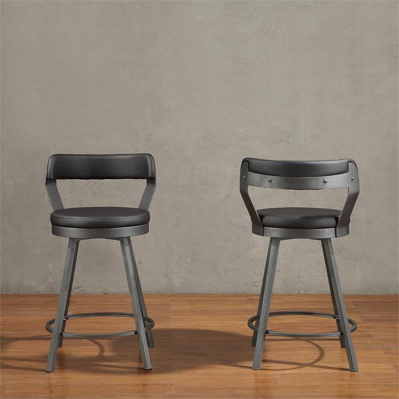 Pemberly Row Metal Swivel Counter Height Stool in Silver/Black (Set of 2)
