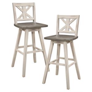 Pemberly Row 28.5&quot Modern Wood Cross Back Swivel Bar Chair in White (Set of 2)