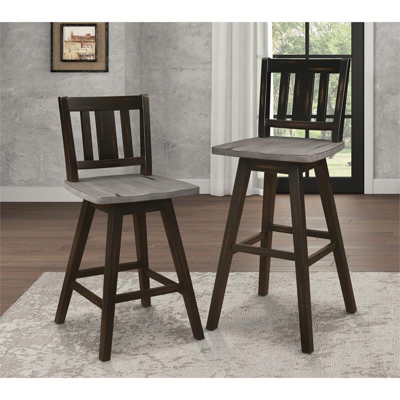 Pemberly Row Slat Back Bar Height Dining Swivel Chair in Black (Set of 2)