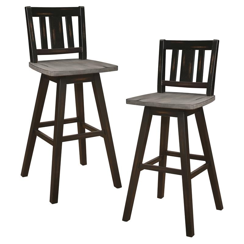 Pemberly Row Slat Back Bar Height Dining Swivel Chair in Black (Set of 2)