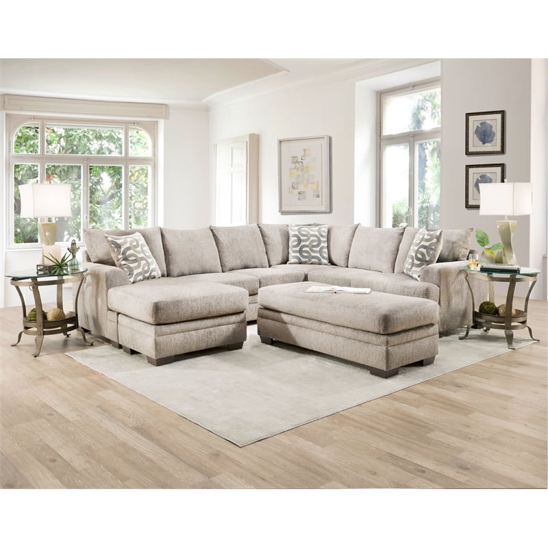 Pemberly Row Transitional 2-Piece Fabric Sectional with Accent Pillows in Cream