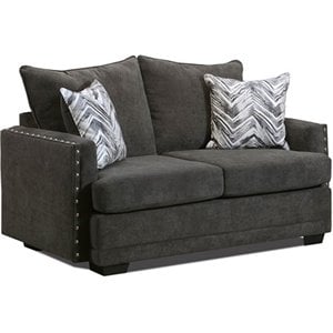 Pemberly Row Loveseat With Nailheads and Accent Pillows in Charcoal