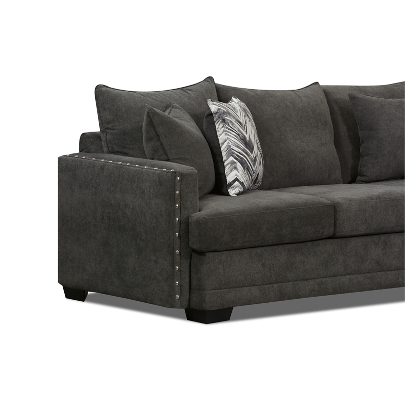 Pemberly Row Sofa with Nailheads and Accent Pillows in Charcoal