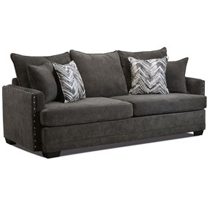 Pemberly Row Sofa with Nailheads and Accent Pillows in Charcoal