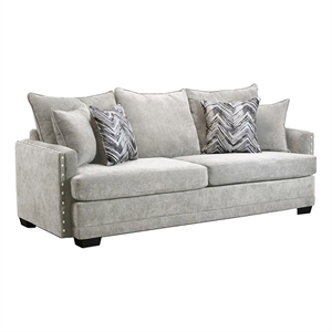 Pemberly Row Transitional Fabric Sofa with NailHeads and Accent Pillows in Gray