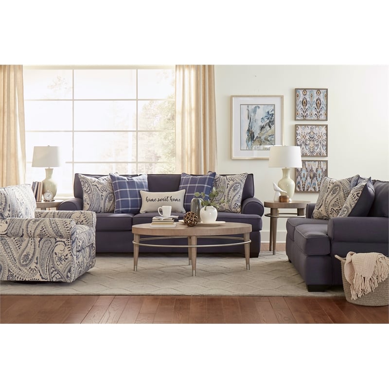 Pemberly Row Sofa with Accent Pillows in Navy Blue