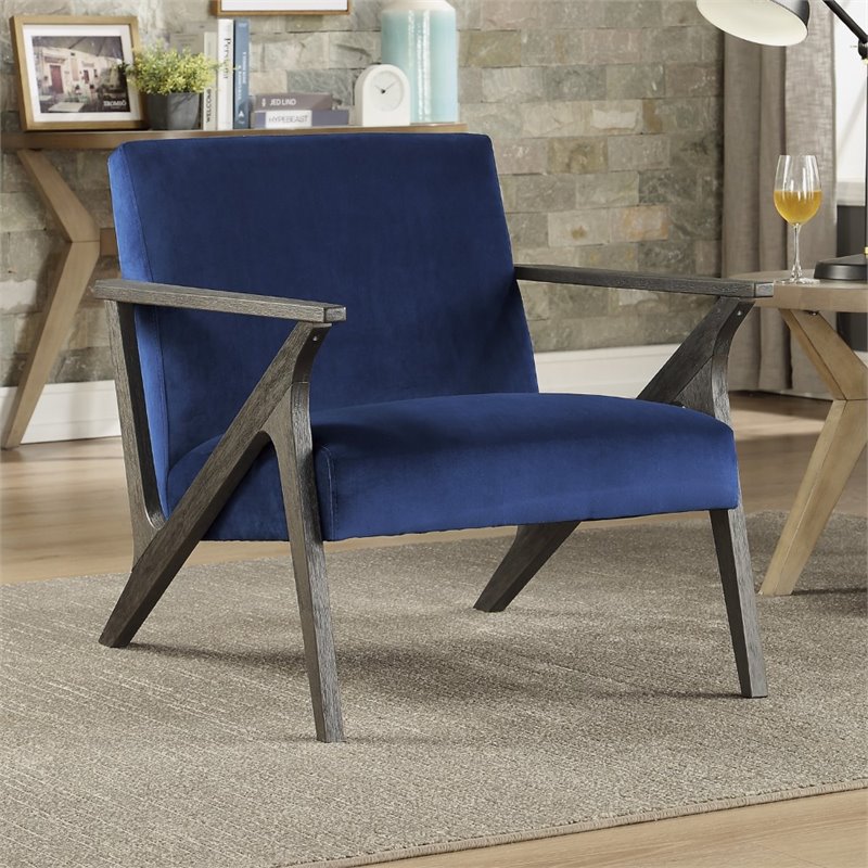 Pemberly Row 16'' Mid-Century Wood/Velvet Accent Chair in Navy