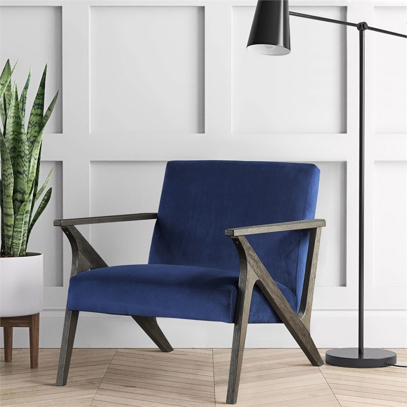 Pemberly Row 16'' Mid-Century Wood/Velvet Accent Chair in Navy