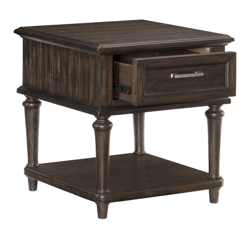 Pemberly Row Wood 1 Drawer End Table in Driftwood Charcoal