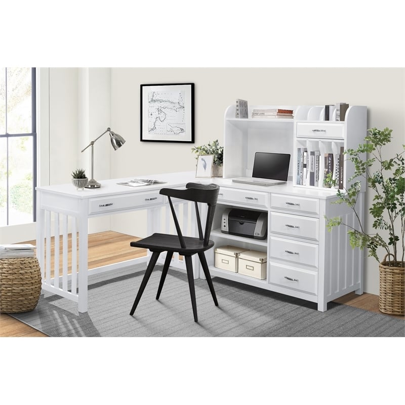 Pemberly Row Contemporary Engineered Wood L Shaped Desk with Hutch in White