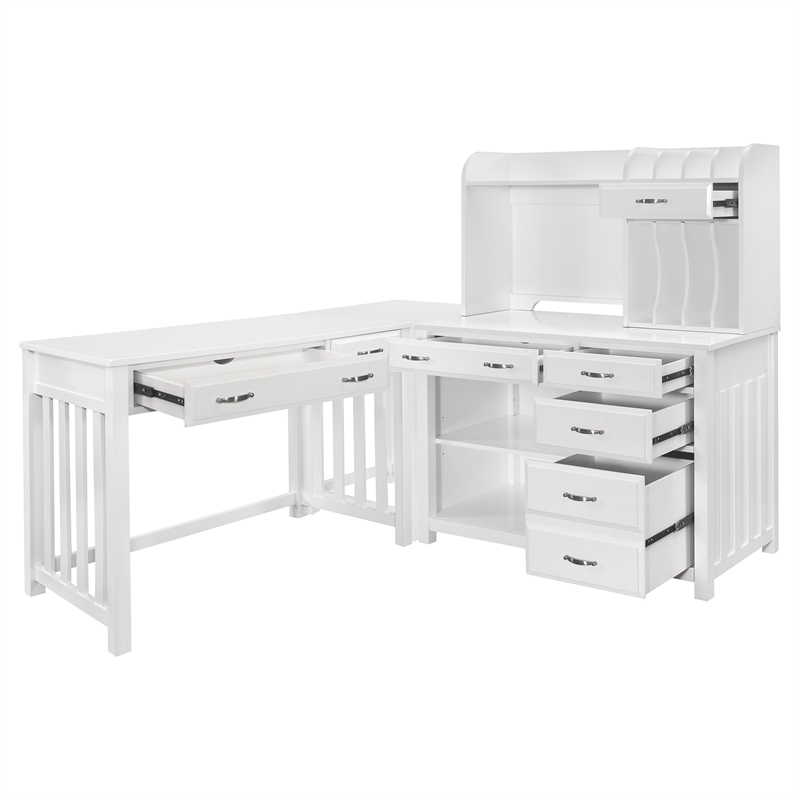 Pemberly Row Contemporary Engineered Wood L Shaped Desk with Hutch in White