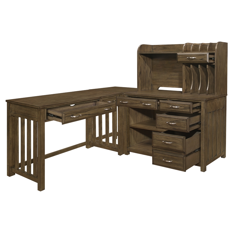 Pemberly Row Wood L Shaped Desk with Hutch in Brown Gray