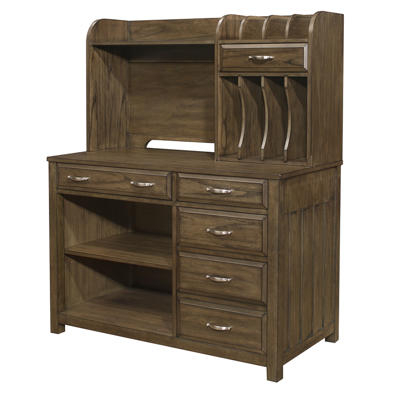 Pemberly Row Wood L Shaped Desk with Hutch in Brown Gray