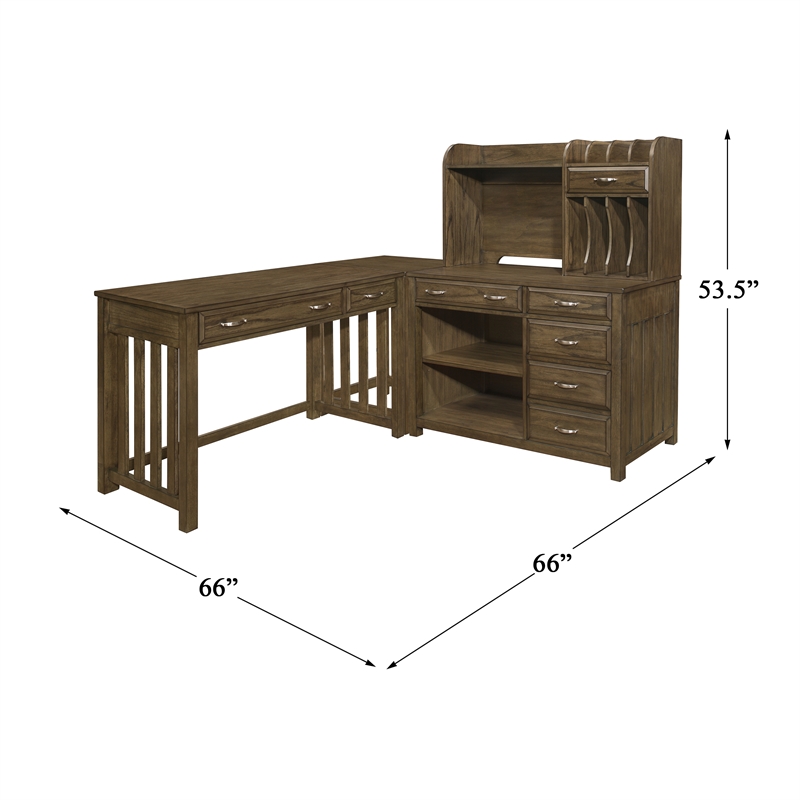 Pemberly Row Wood L Shaped Desk with Hutch in Brown Gray