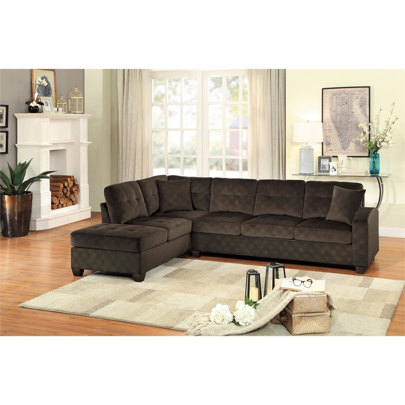 Pemberly Row Contemporary Velvet Upholstered Reversible Sectional in Chocolate