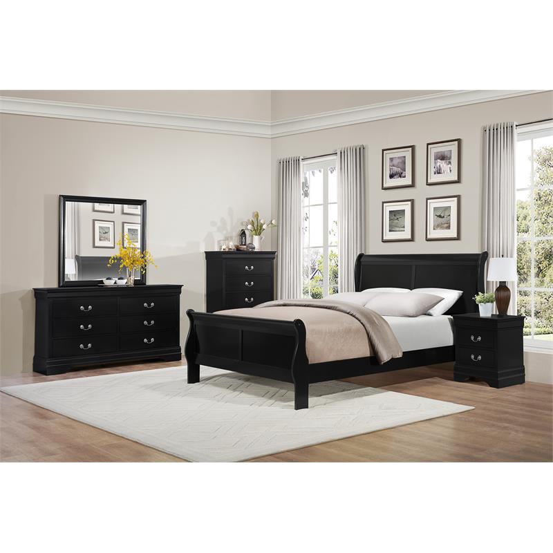 Pemberly Row Traditional Engineered Wood Queen Sleigh Bed in Black